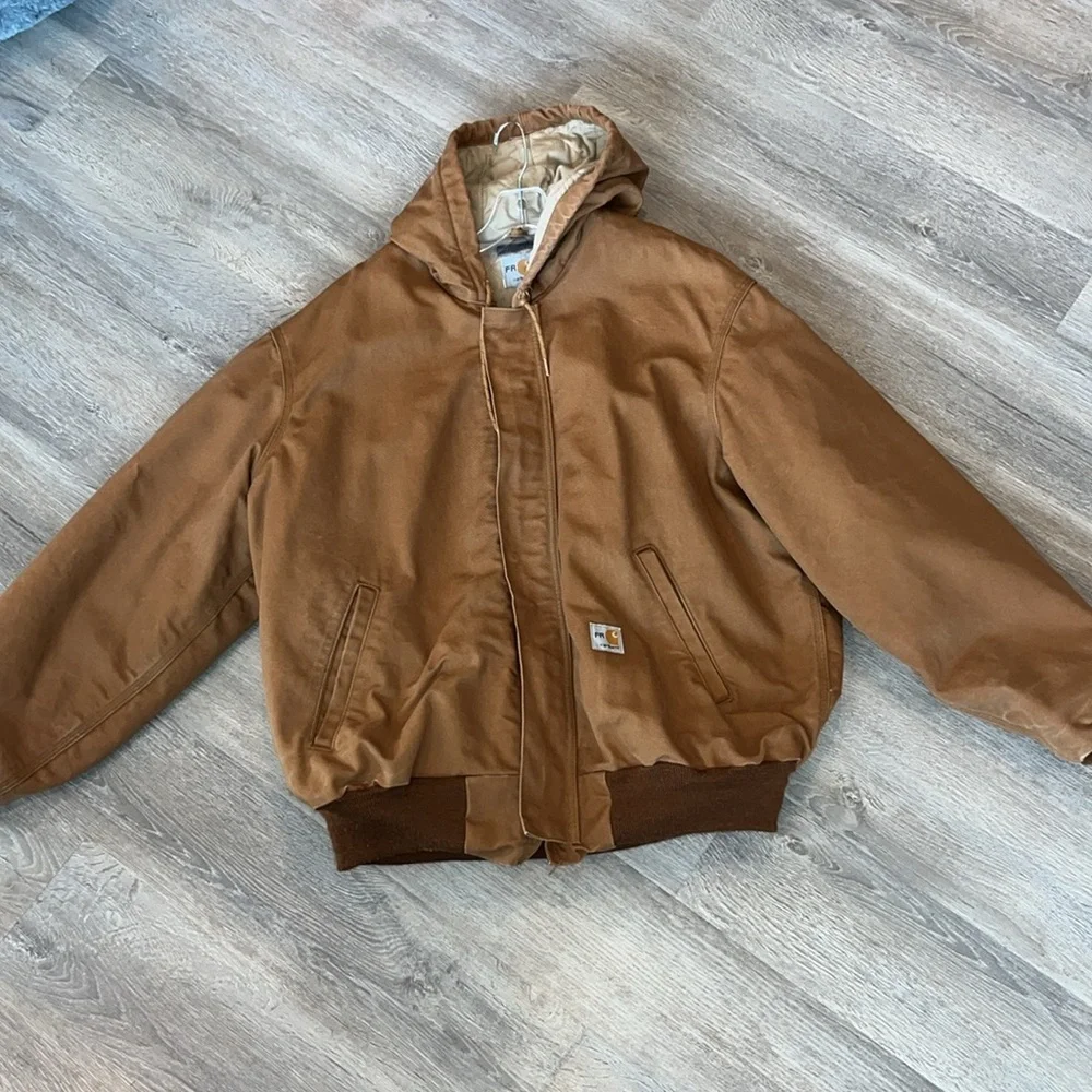 Carhartt tan flame retardant hooded work utility barn full zip jacket coat XXL